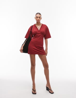 asos Topshop jersey gathered under mini bust dress in red