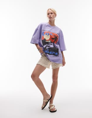 Topshop Jersey Graphic Cote D'azur Oversized T-shirt In Brown