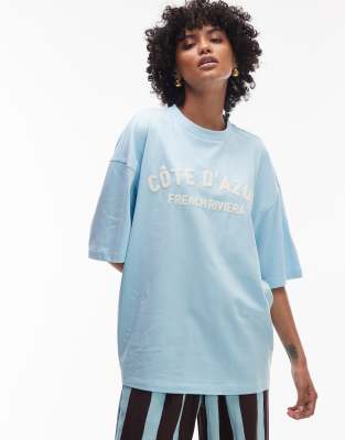 jersey graphic Cote d'Azur oversized T-shirt in turquoise-Blue