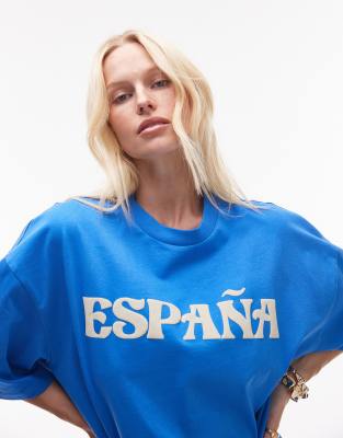 Topshop Jersey Graphic Espana Oversized T-shirt In Blue