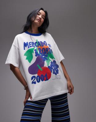 jersey graphic Mercado de Porto oversized t-shirt with contrast ringer in white