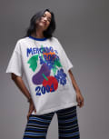 [Topshop] Topshop jersey graphic Mercado de porto oversized t-shirt with contrast ringer in white L WHITE
