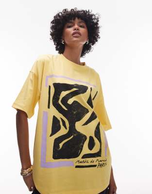 Topshop Jersey Graphic Musee Du Marais Oversized T-shirt In Yellow
