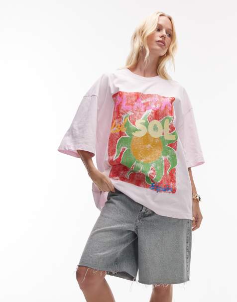 Topshop jersey graphic Plaza de Sol oversized T-shirt in pink - view 1