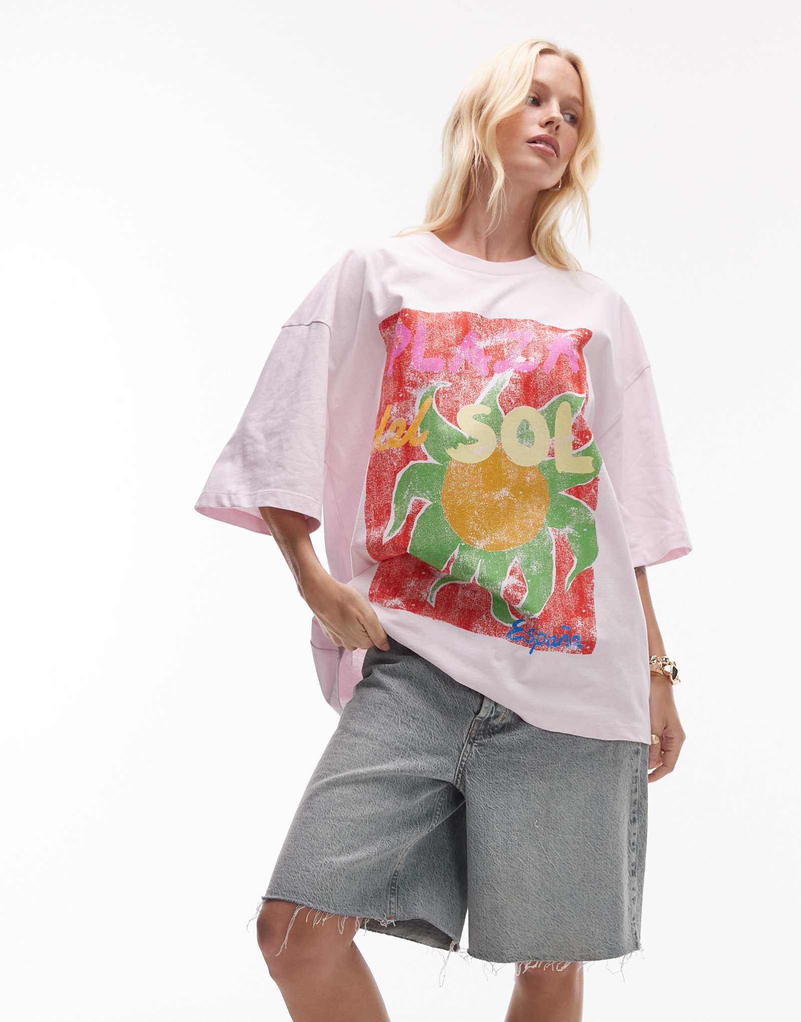 Футболка оверсайз из джерси Topshop с графическим рисунком Plaza de Sol розового цвета