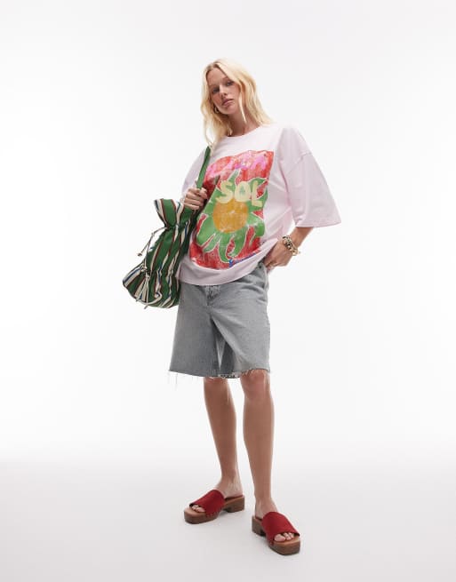 Topshop jersey graphic Plaza de Sol oversized T-shirt in pink, 2 of 4