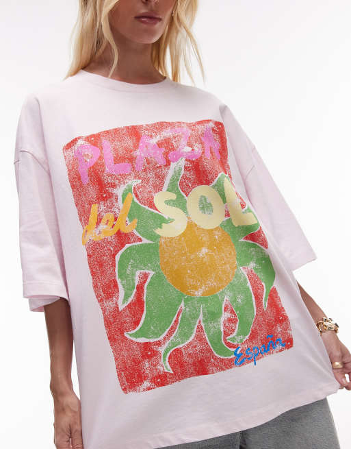 Topshop jersey graphic Plaza de Sol oversized T-shirt in pink, 3 of 4