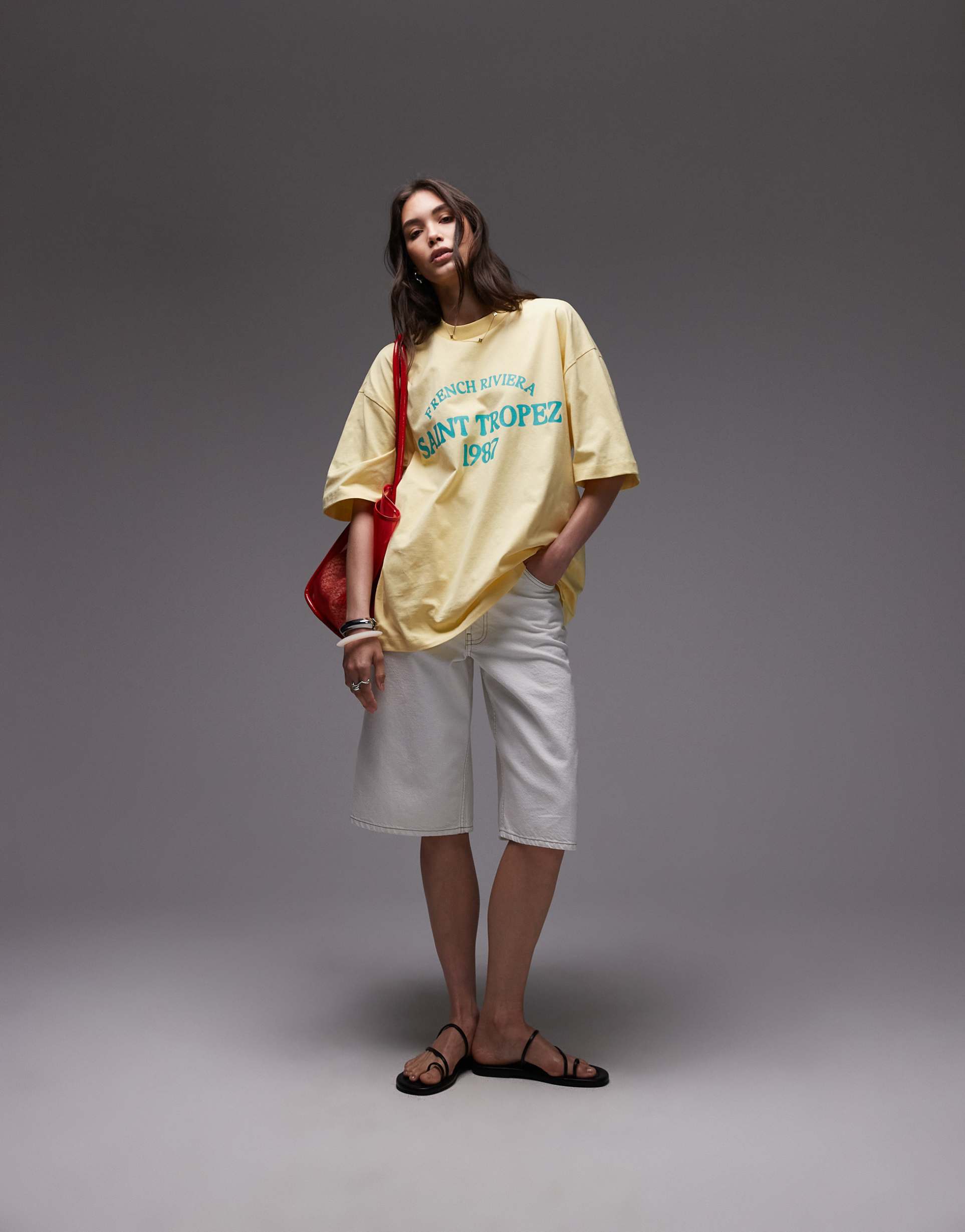 topshop jersey graphic saint tropez oversized t-shirt in beige