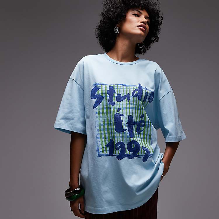 Topshop jersey graphic scarf print oversized top in light Topshop jersey graphic scarf print oversized top in light