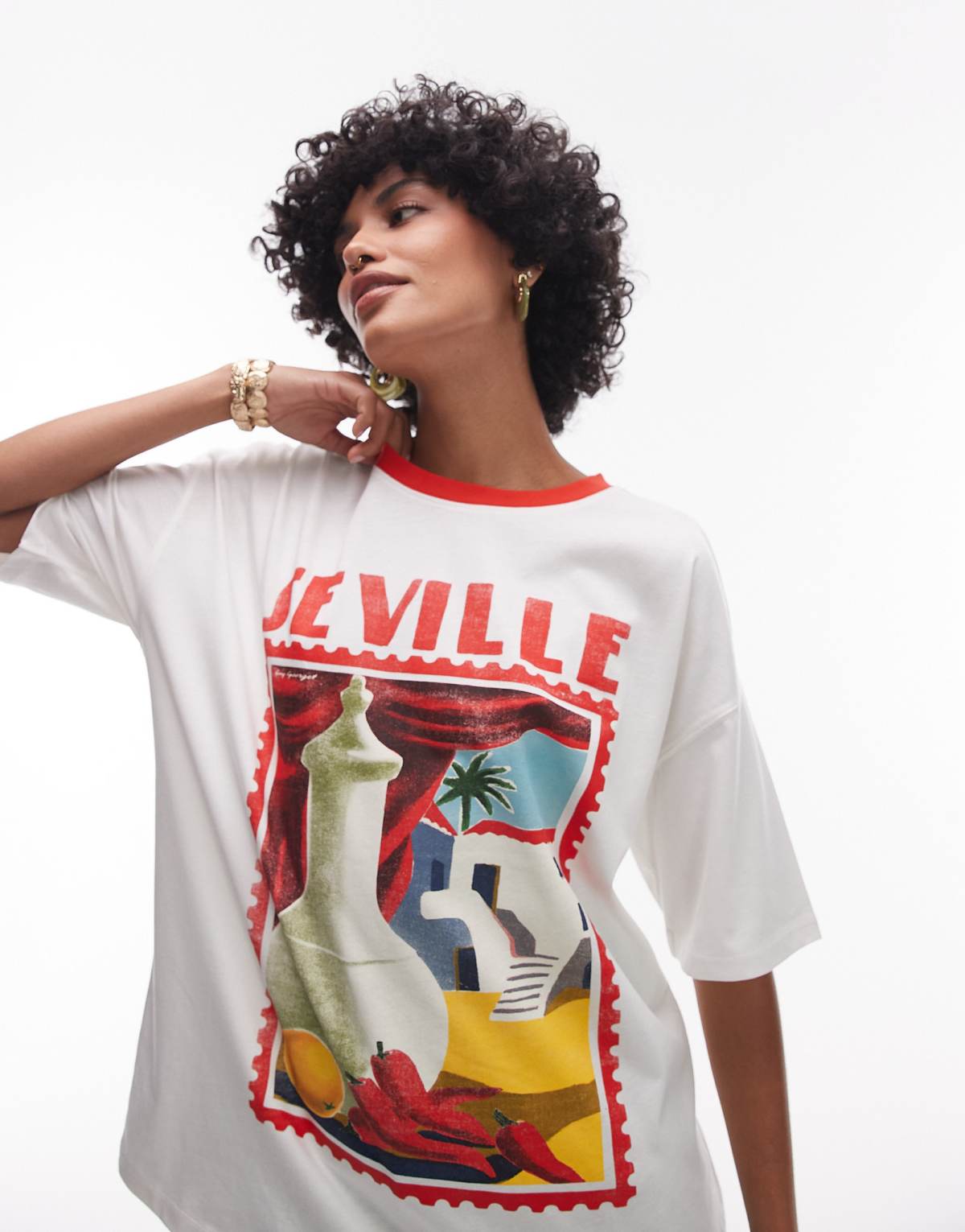 Topshop jersey graphic Seville t-shirt with contrast ringer in white