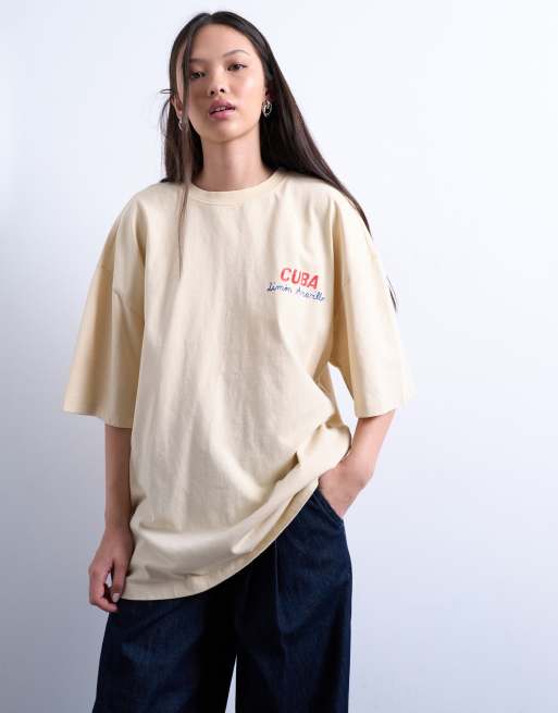 Topshop jersey graphic stamp back print oversized t-shirt in buttermilk, 2 of 4