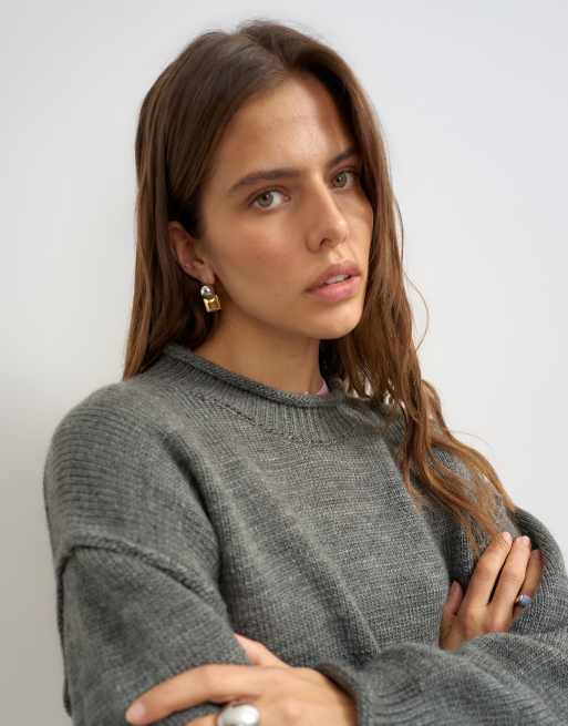 Topshop jersey grueso de punto con borde enrollado en gris, 3 de 4