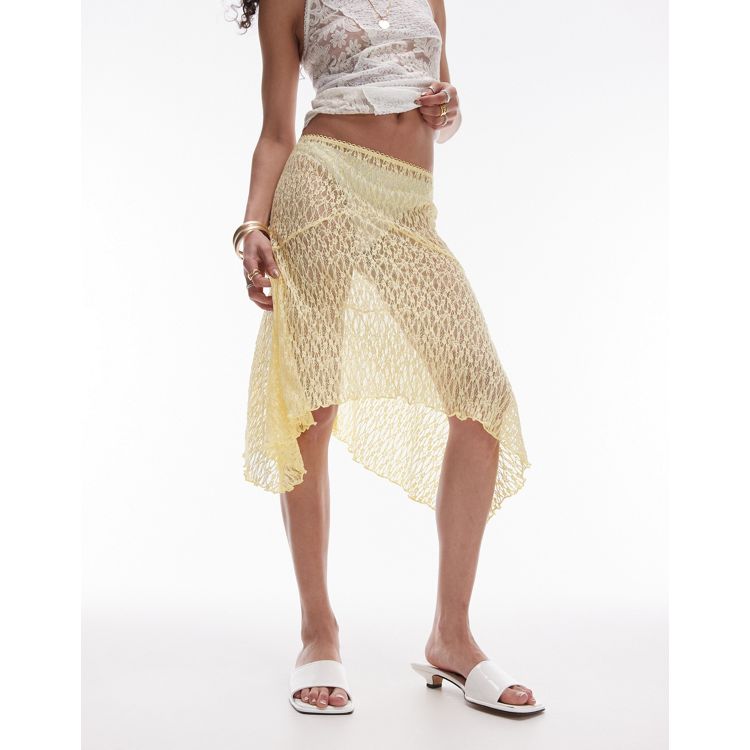 Topshop jersey hanky hem 90s length lace skirt in yellow