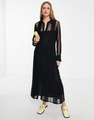 Topshop jersey lace maxi shirt dress in black