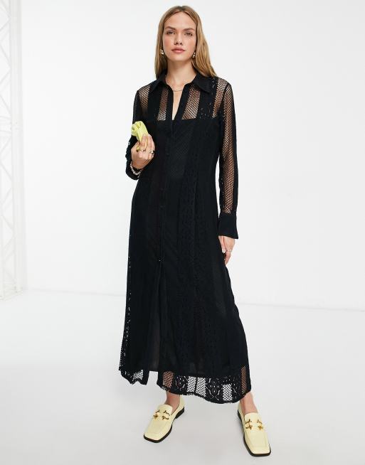 Topshop jersey lace maxi shirt dress in black | ASOS