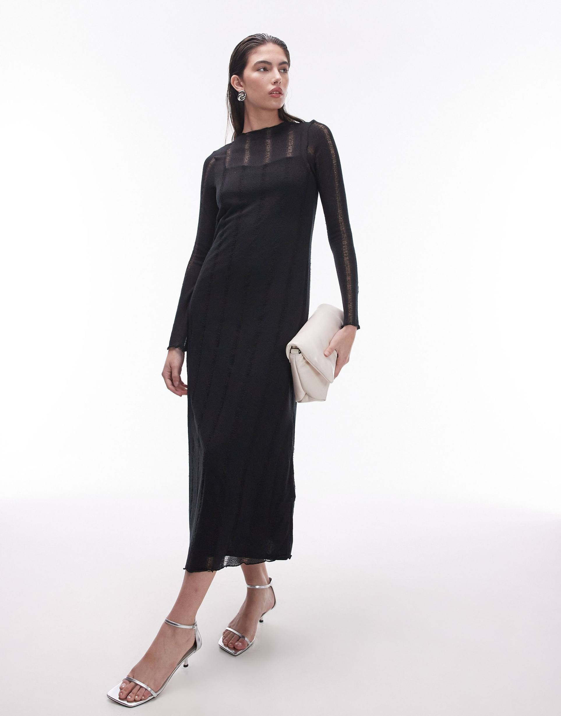 topshop jersey ladder detail long sleeve maxi dress in black