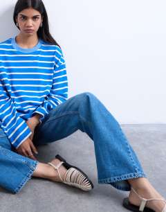 Jersey long sleeve crew neck top in blue stripe