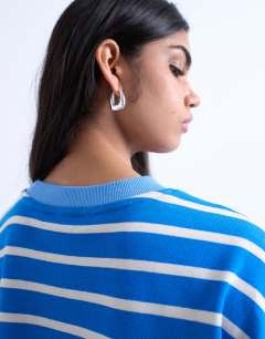 Model wearing Jersey long sleeve crew neck top in blue stripe