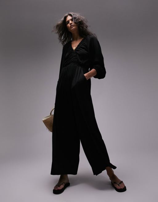 Black jersey cheap jumpsuit with sleeves