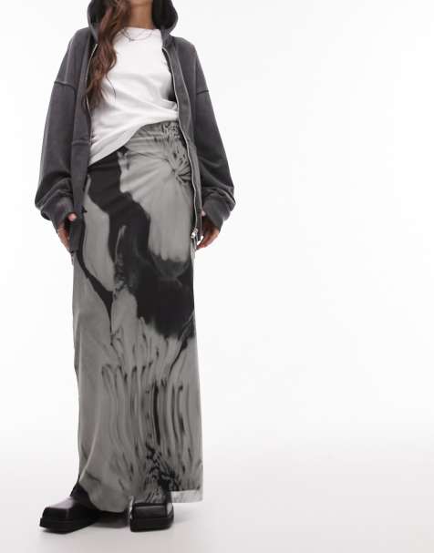 Topshop jersey mesh maxi skirt in grey floral swirl 