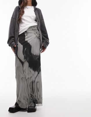 Topshop jersey mesh maxi skirt in grey floral swirl