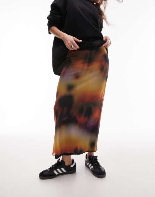 Topshop abstract floral print jersey mesh midi skirt in multi