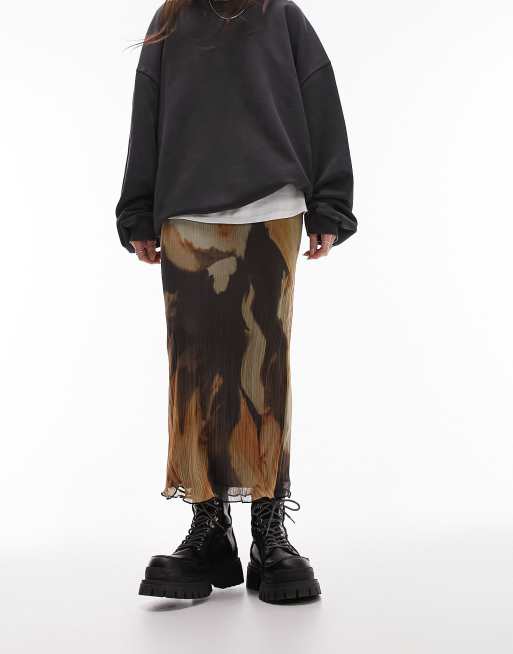 Topshop jersey mesh plisse midi skirt in sepia floral 