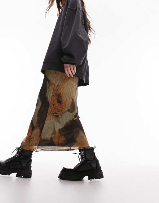 Topshop jersey mesh plisse midi skirt in sepia floral ASOS