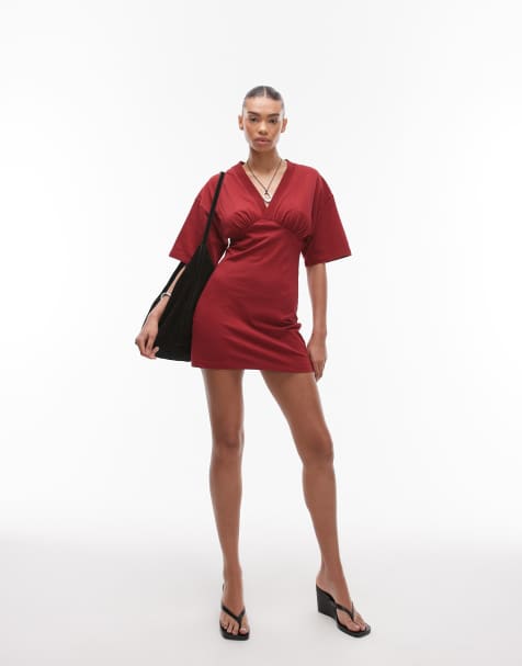 Topshop – Jersey-Minikleid in Rot mit Raffung unter der Brust - view 1