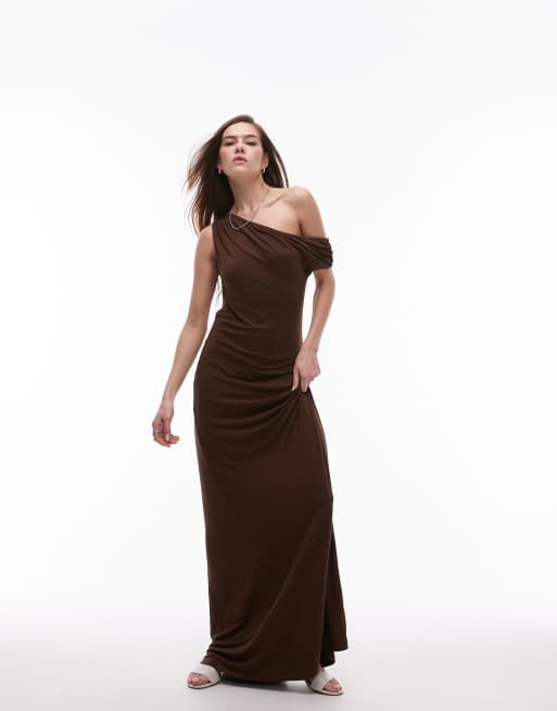 Topshop jersey off the shoulder slinky maxi dress in chocolate
