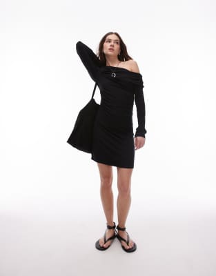 Topshop Jersey One Shoulder Slinky Mini Dress In Black