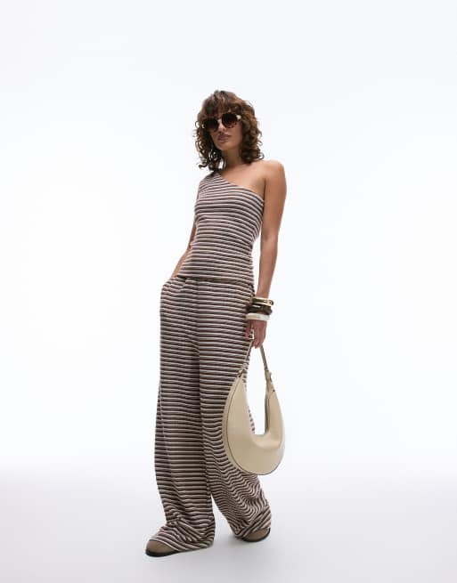 Topshop jersey one shoulder top in brown and ecru stripe, 3 of 4
