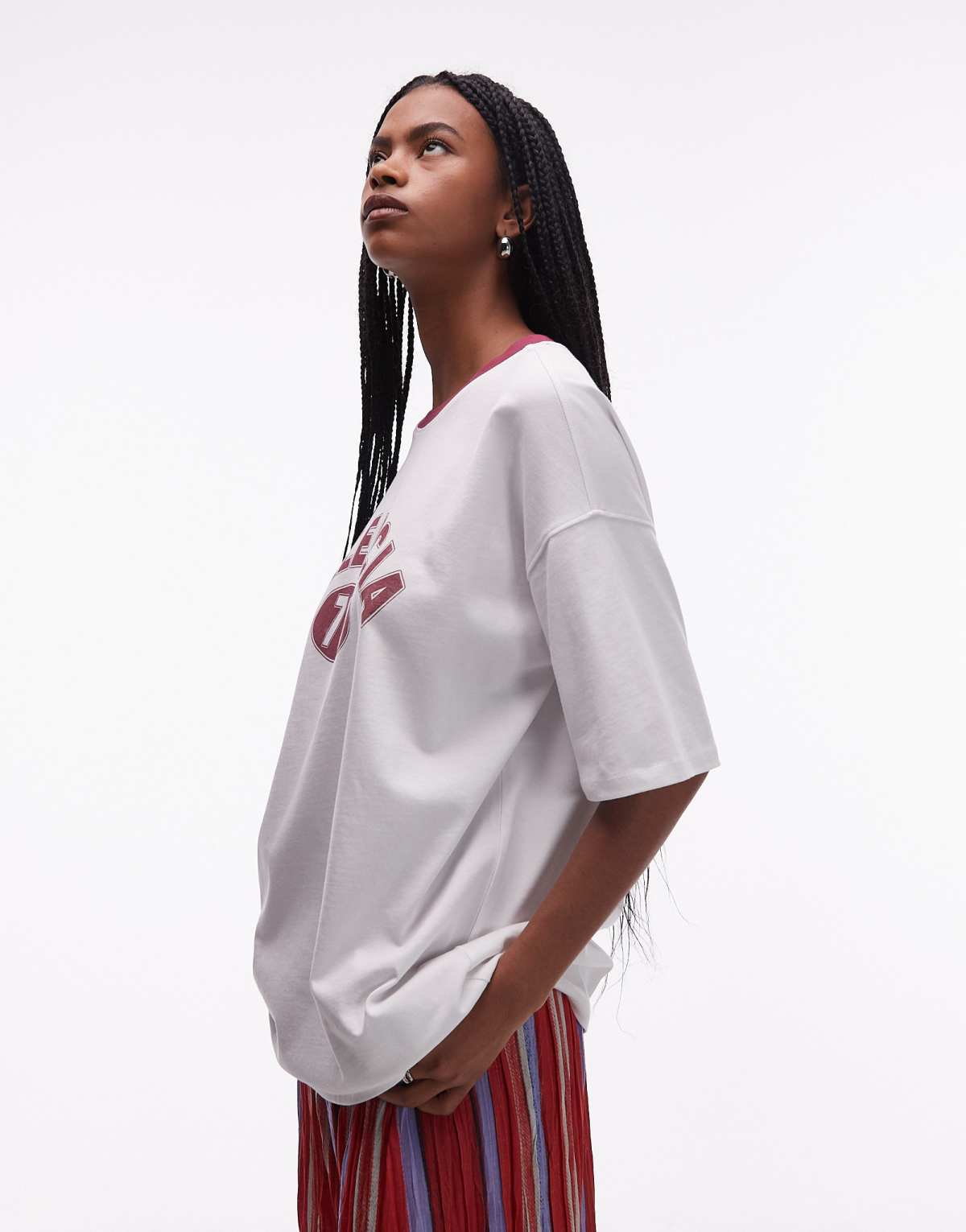 Topshop jersey oversized Valencia sports t-shirt with burgundy ringer in white