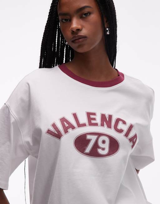 Topshop jersey oversized Valencia sports T-shirt with burgundy ringer in white