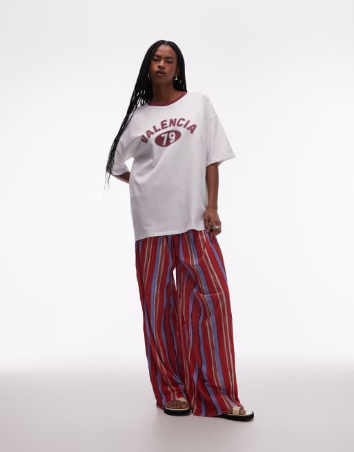 Topshop jersey oversized Valencia sports T-shirt with burgundy ringer in white