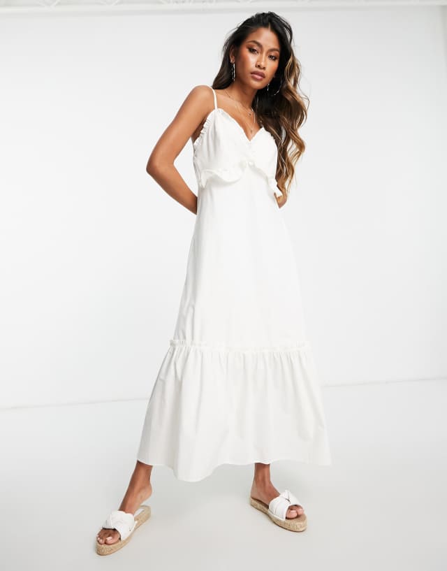 Topshop jersey poplin mix strappy frill midi dress in ivory