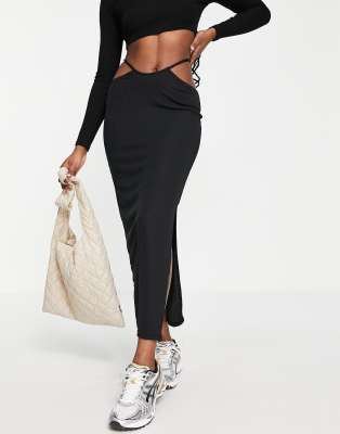 jersey ribbed midi skirt in black
