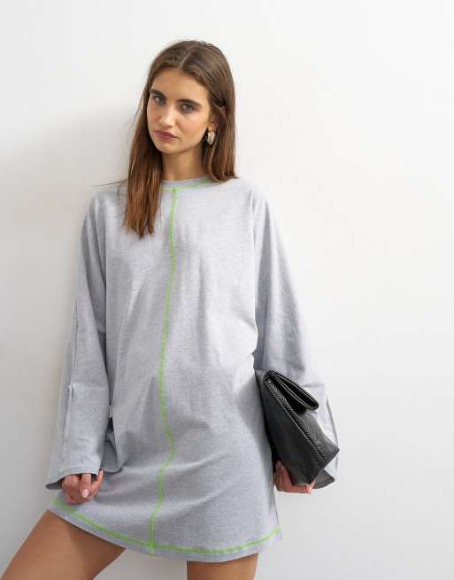 Topshop jersey rolled sleeve T-shirt dress in gray heather with lime  contrast stitching | ASOS