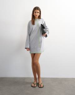 Model wearing Jersey rolled sleeve t-shirt dress in grey marl with lime contrast stitching