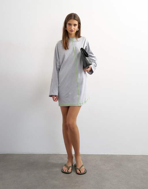 Topshop jersey rolled sleeve t-shirt dress in grey marl with lime contrast  stitching | ASOS