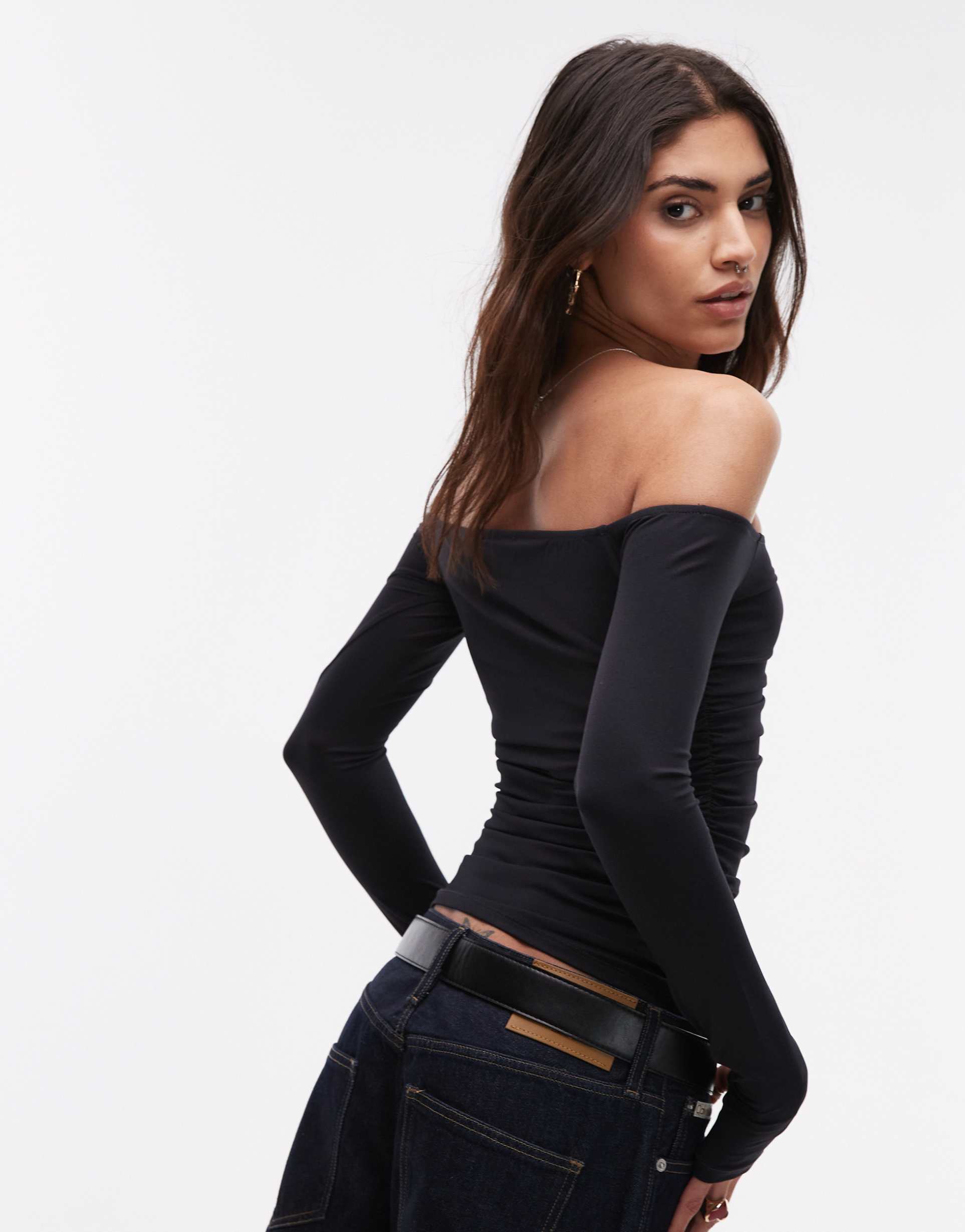 topshop jersey ruched bardot long sleeve top in black