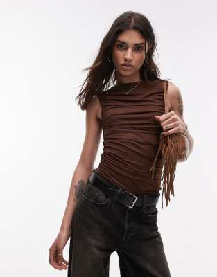Topshop Jersey Ruched Slash Neck Top In Gray