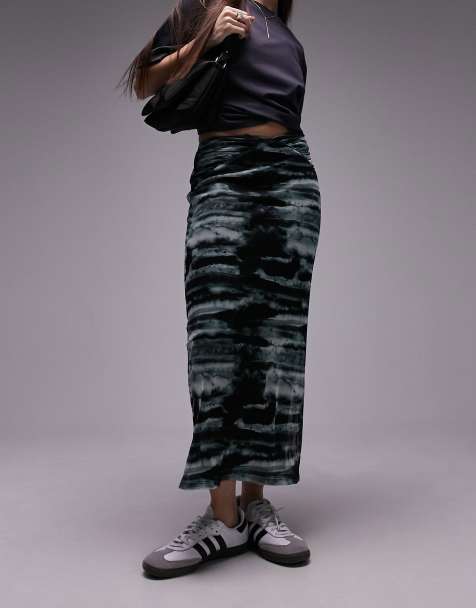 Topshop jersey ruched waist skirt in blurred blue print - view 1