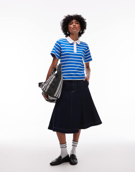 Topshop jersey short sleeve rugby top in multi stripe