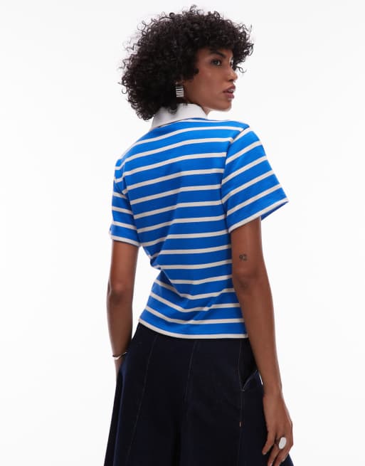 Topshop jersey short sleeve rugby top in multi stripe