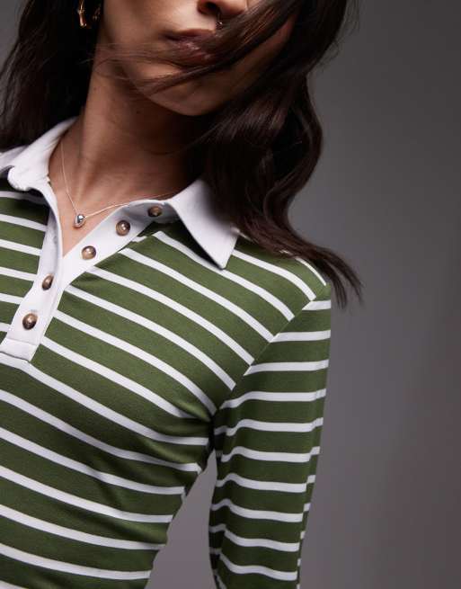 Topshop jersey shrunken long sleeve rugby top in olive stripe