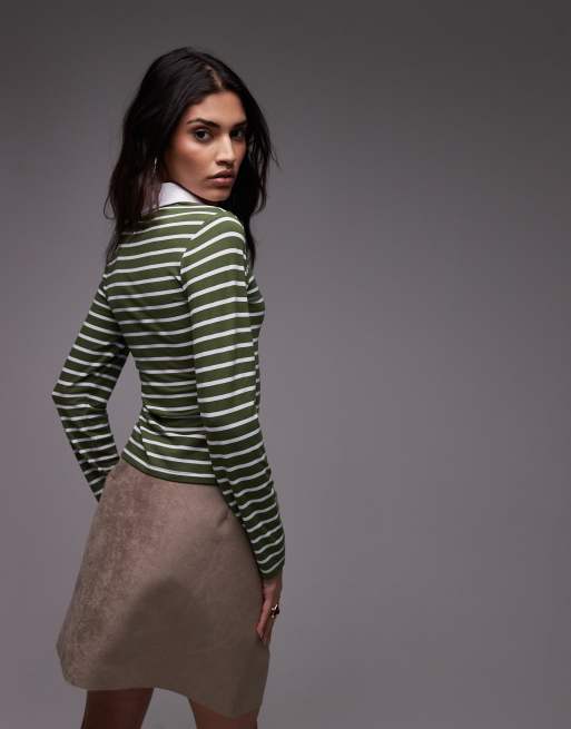 Topshop jersey shrunken long sleeve rugby top in olive stripe