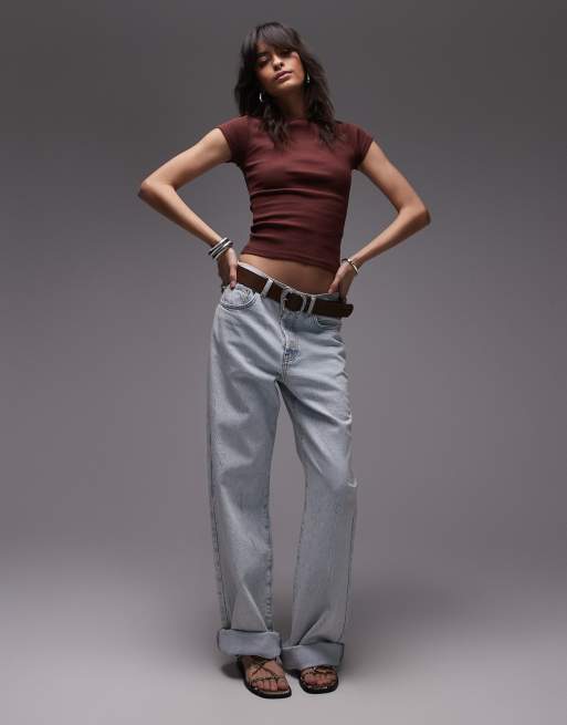 Topshop jersey slash neck cap sleeve top in burgundy