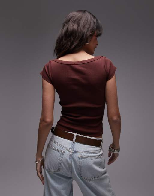 Topshop jersey slash neck cap sleeve top in burgundy
