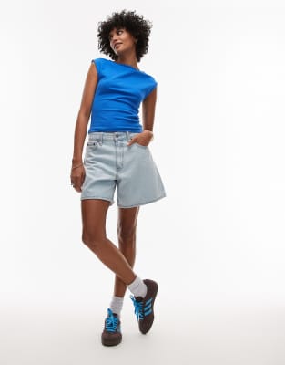 Topshop Jersey Slash Neck Top In Blue